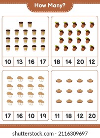 Counting game, how many Acorn, Tea Cup, Pie, and Mushroom Boletus. Educational children game, printable worksheet, vector illustration