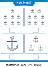 Contando el juego, cuántos Anchor. Juego infantil educativo, hoja de cálculo imprimible, ilustración vectorial