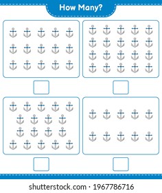 Contando el juego, cuántos Anchor. Juego infantil educativo, hoja de cálculo imprimible, ilustración vectorial