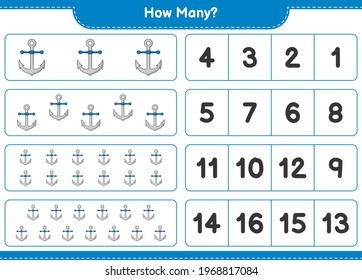 Counting game, how many Anchor. Educational children game, printable worksheet, vector illustration