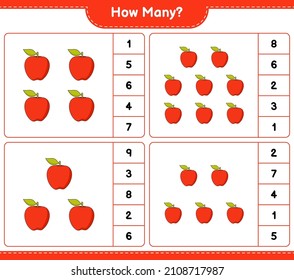 Contando el juego, cuántos Apple. Juego infantil educativo, hoja de cálculo imprimible, ilustración vectorial
