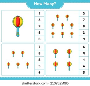 Counting game, how many Baby Rattle. Educational children game, printable worksheet, vector illustration