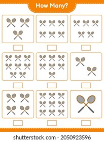 Counting game, how many Badminton Rackets. Educational children game, printable worksheet, vector illustration