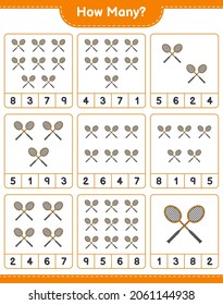 Counting game, how many Badminton Rackets. Educational children game, printable worksheet, vector illustration