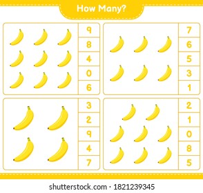 Counting game, how many Banana. Educational children game, printable worksheet, vector illustration