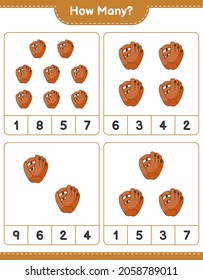 Contando el juego, cuántos guantes de béisbol. Juego infantil educativo, hoja de cálculo imprimible, ilustración vectorial