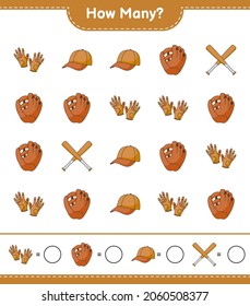 Counting game, how many Baseball Glove, Golf Gloves, Cap Hat, and Baseball Bat. Educational children game, printable worksheet, vector illustration