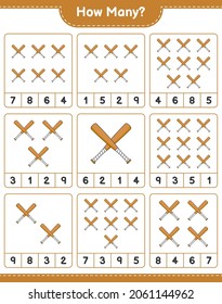 Zählspiel, wie viele Baseball Bat. Kinderspiel, druckbares Arbeitsblatt, Vektorgrafik