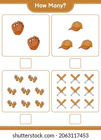 Counting game, how many Baseball Glove, Golf Gloves, Cap Hat, and Baseball Bat. Educational children game, printable worksheet, vector illustration