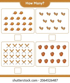 Counting game, how many Baseball Glove, Golf Gloves, Cap Hat, and Baseball Bat. Educational children game, printable worksheet, vector illustration