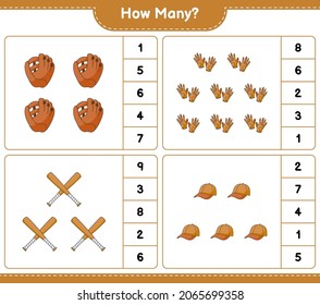 Counting game, how many Baseball Glove, Golf Gloves, Cap Hat, and Baseball Bat. Educational children game, printable worksheet, vector illustration