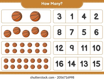 Counting game, how many Basketball. Educational children game, printable worksheet, vector illustration