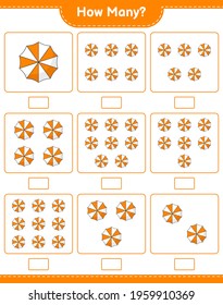 Counting game, how many Beach Umbrella. Educational children game, printable worksheet, vector illustration