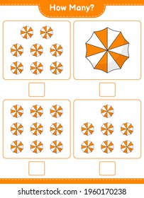 Counting game, how many Beach Umbrella. Educational children game, printable worksheet, vector illustration