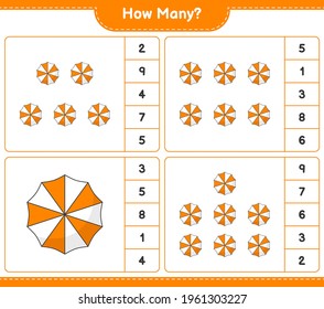 Counting Spiel, wie viele Beach Umbrella. Kinderspiel, druckbares Arbeitsblatt, Vektorgrafik