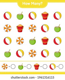 Counting game, how many Beach Ball, Coconut, Beach Umbrella, and Sand Bucket. Educational children game, printable worksheet, vector illustration