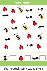 Counting game, how many bee, ant and ladybug. Educational children game, printable worksheet, vector illustration