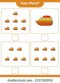 Contando el juego, cuántos barcos. Juego infantil educativo, hoja de cálculo imprimible, ilustración vectorial