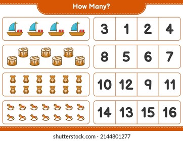 Counting game, how many Boat, Drum, Teddy Bear, and Rocking Horse. Educational children game, printable worksheet, vector illustration