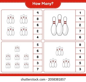 Counting game, how many Bowling Pin. Educational children game, printable worksheet, vector illustration