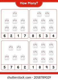 Juego de conteo, cuántos Bowling Pin. Juego infantil educativo, hoja de cálculo imprimible, ilustración vectorial