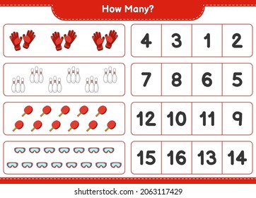 Counting game, how many Bowling Pin, Goggle, Ping Pong Racket, and Goalkeeper Gloves. Educational children game, printable worksheet, vector illustration