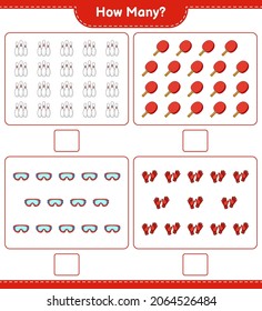 Counting game, how many Bowling Pin, Goggle, Ping Pong Racket, and Goalkeeper Gloves. Educational children game, printable worksheet, vector illustration