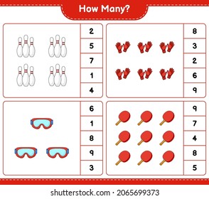 Counting game, how many Bowling Pin, Goggle, Ping Pong Racket, and Goalkeeper Gloves. Educational children game, printable worksheet, vector illustration