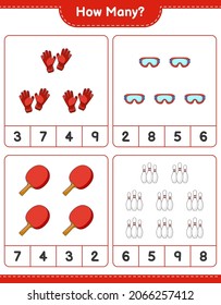 Counting game, how many Bowling Pin, Goggle, Ping Pong Racket, and Goalkeeper Gloves. Educational children game, printable worksheet, vector illustration
