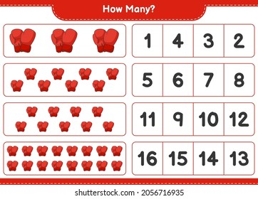 Counting game, how many Boxing Gloves. Educational children game, printable worksheet, vector illustration