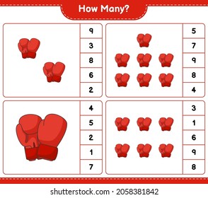 Counting game, how many Boxing Gloves. Educational children game, printable worksheet, vector illustration
