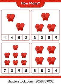 Contando el juego, cuántos guantes de boxeo. Juego infantil educativo, hoja de cálculo imprimible, ilustración vectorial