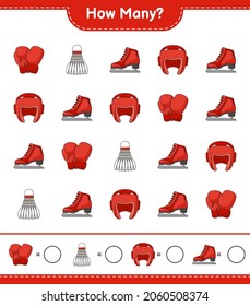 Counting game, how many Boxing Gloves, Shuttlecock, Boxing Helmet, and Ice Skates. Educational children game, printable worksheet, vector illustration