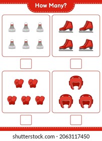 Counting game, how many Boxing Gloves, Shuttlecock, Boxing Helmet, and Ice Skates. Educational children game, printable worksheet, vector illustration