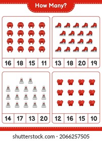 Counting game, how many Boxing Gloves, Shuttlecock, Boxing Helmet, and Ice Skates. Educational children game, printable worksheet, vector illustration
