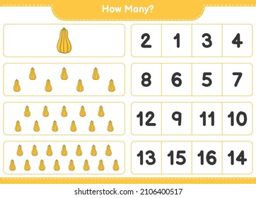 Counting game, how many Butternut Squash. Educational children game, printable worksheet, vector illustration