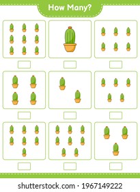 Contando el juego, cuántos Cactus. Juego infantil educativo, hoja de cálculo imprimible, ilustración vectorial