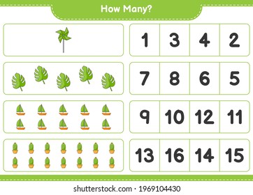 Counting game, how many Cactus, Monstera, Sailboat, and Pinwheels. Educational children game, printable worksheet, vector illustration