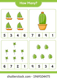Counting game, how many Cactus, Monstera, Sailboat, and Pinwheels. Educational children game, printable worksheet, vector illustration