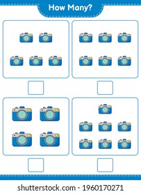 Counting game, how many Camera. Educational children game, printable worksheet, vector illustration