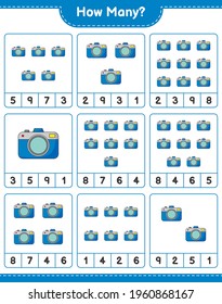 Counting game, how many Camera. Educational children game, printable worksheet, vector illustration