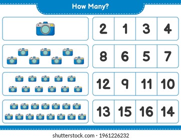 Counting game, how many Camera. Educational children game, printable worksheet, vector illustration