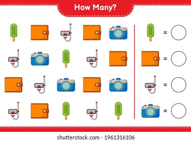 Counting game, how many Camera, Ice Cream, Scuba Diving Mask, and Wallet. Educational children game, printable worksheet, vector illustration
