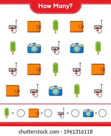 Counting game, how many Camera, Ice Cream, Scuba Diving Mask, and Wallet. Educational children game, printable worksheet, vector illustration