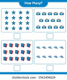 Counting game, how many Camera, Summer Hat, Starfish, and Passport. Educational children game, printable worksheet, vector illustration