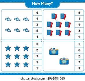 Counting game, how many Camera, Summer Hat, Starfish, and Passport. Educational children game, printable worksheet, vector illustration