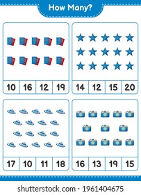 Counting game, how many Camera, Summer Hat, Starfish, and Passport. Educational children game, printable worksheet, vector illustration