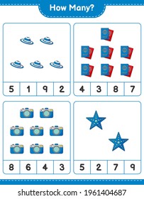 Counting game, how many Camera, Summer Hat, Starfish, and Passport. Educational children game, printable worksheet, vector illustration