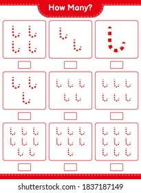 Contando el juego, cuántos Candy Canes. Juego infantil educativo, hoja de cálculo imprimible, ilustración vectorial