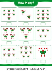 Counting game, how many Candy Canes with Ribbon. Educational children game, printable worksheet, vector illustration